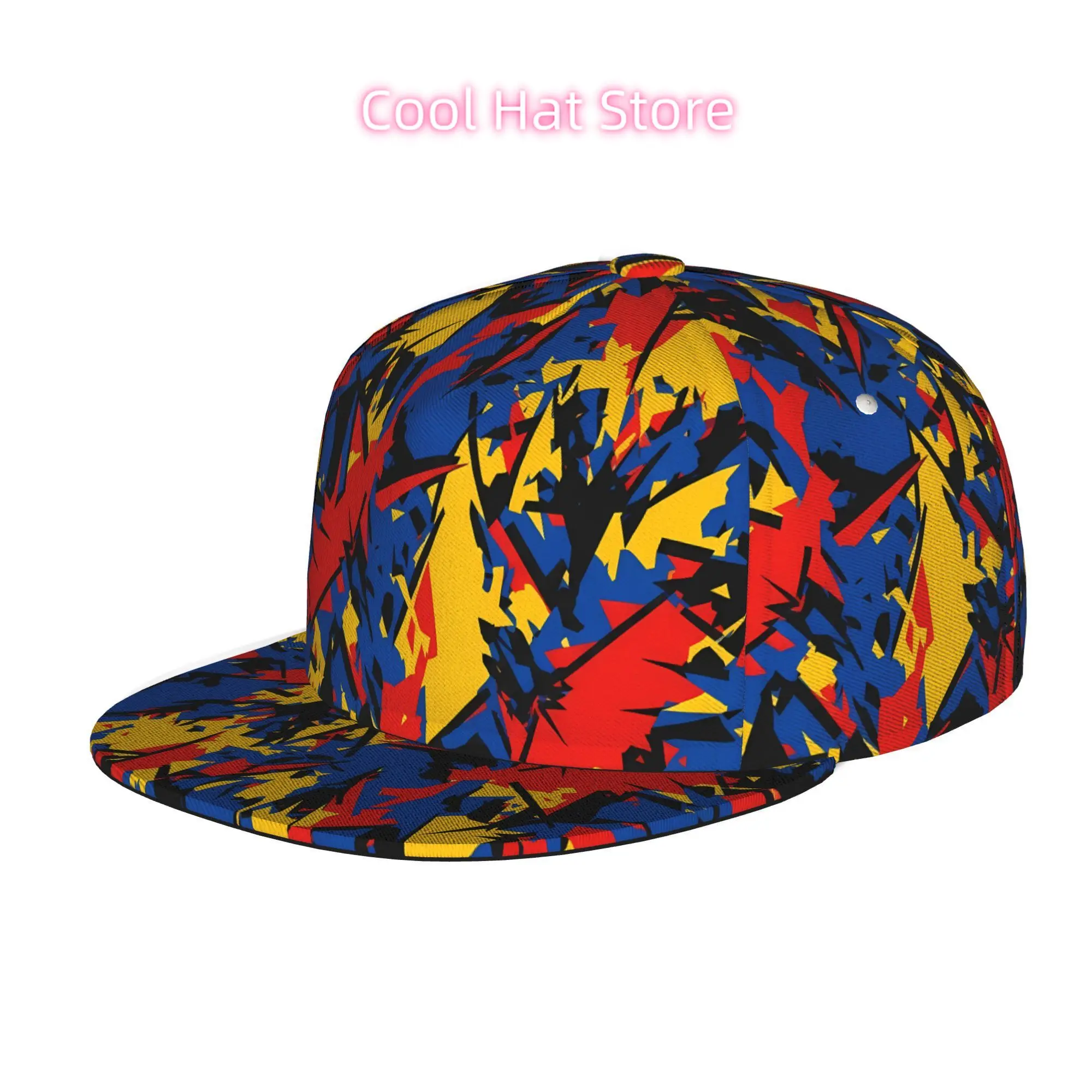 Geometric Design in Red, Yellow, Blue, And Black, Featuring a Cap Suitable for Men, Women, And Everyone. This Flat-Brimmed Baseb