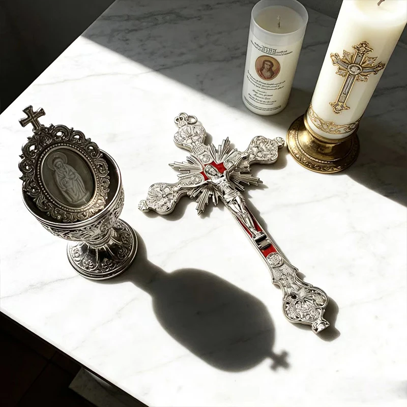 

Silver Plated Catholic Crucifix with Red Enamel Inlay and Radiant Sunburst Design for Home Wall Decor Religious Devotion Christi
