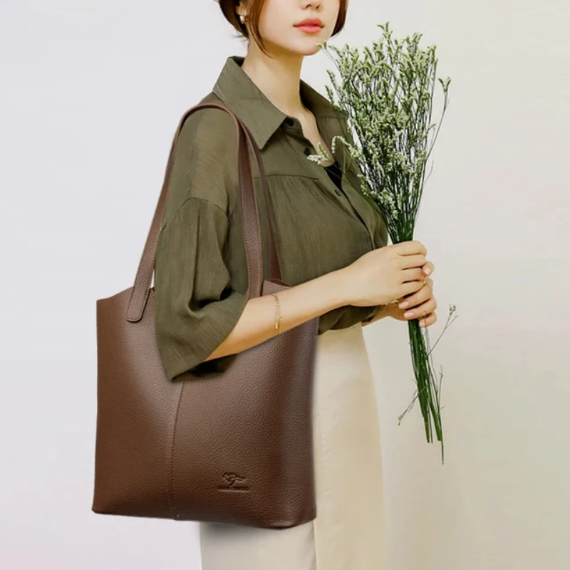 

2025 NEW Brand Soft Leather Shoulder Bag For Women Casual Tote Bag Female Solid Color Purse Simple Design Handbag Commuting
