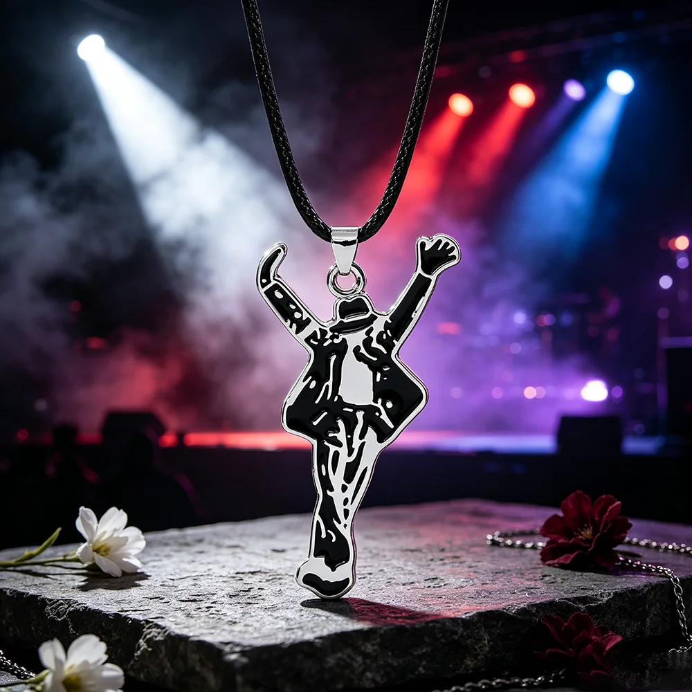 Rock Singer MJ Michael Jackson Pendant Necklace, Enamel Figure Charm Music Fan Cosplay Jewelry Gift for Men Women