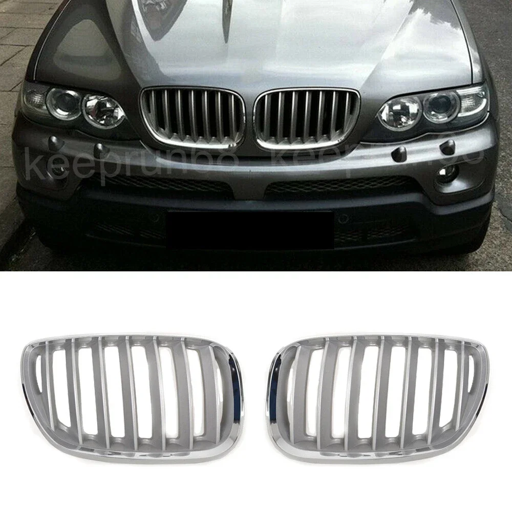 

1 пара серебряных автомобильных решеток, передняя решетка капота с защитой от царапин, передние верхние решетки для BMW X5 E53 2004-2006 51137113733 51137113734