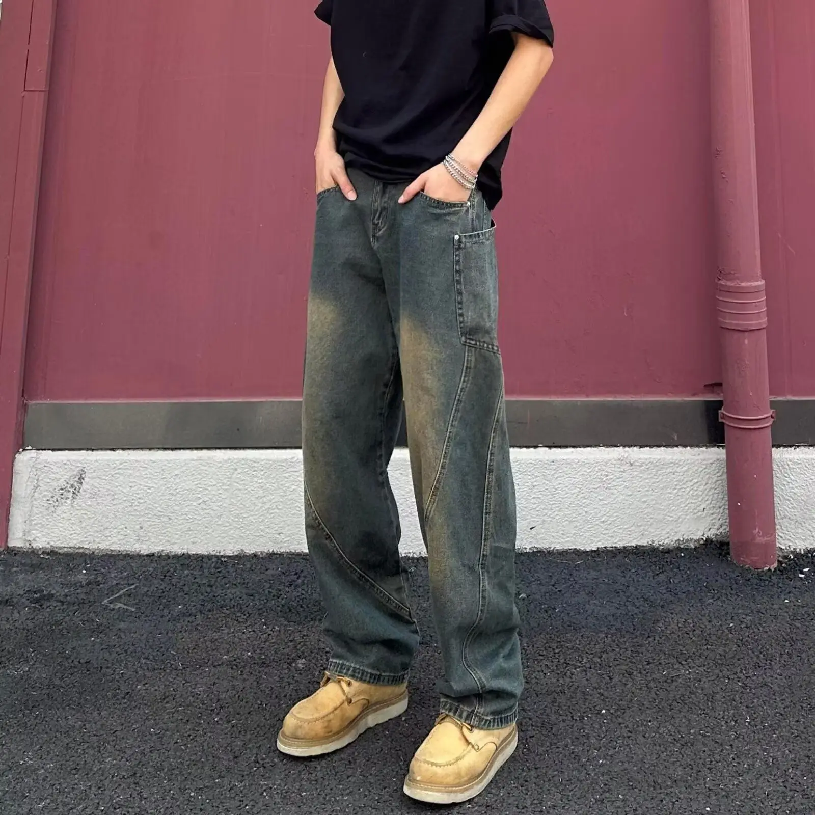 Cargo Male Clothes Korean Popular Clothes Jorts Baggy Retro Scimitar Jeans Trendy Brand New High Street Loose Straight Pants