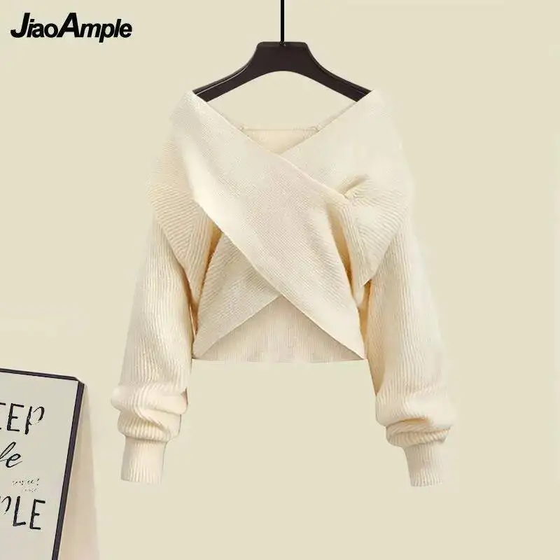 2025 الخريف/الشتاء جديد الكورية أنيقة مطابقة مجموعة المرأة موضة الصليب متماسكة سترة أسفل قميص فستان بحزام ثلاث قطع دعوى