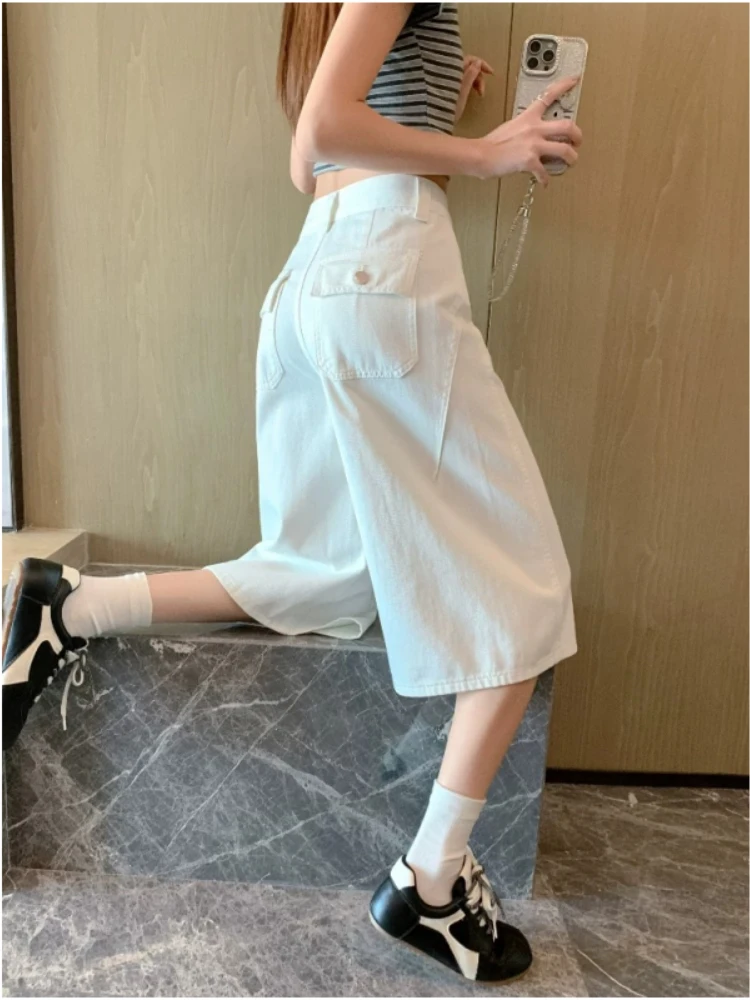 

White Denim Women High Waist Wide Leg Cropped Jeans Korean Style Street Casual Loose Solid Color Capri Pants Fashion Daily