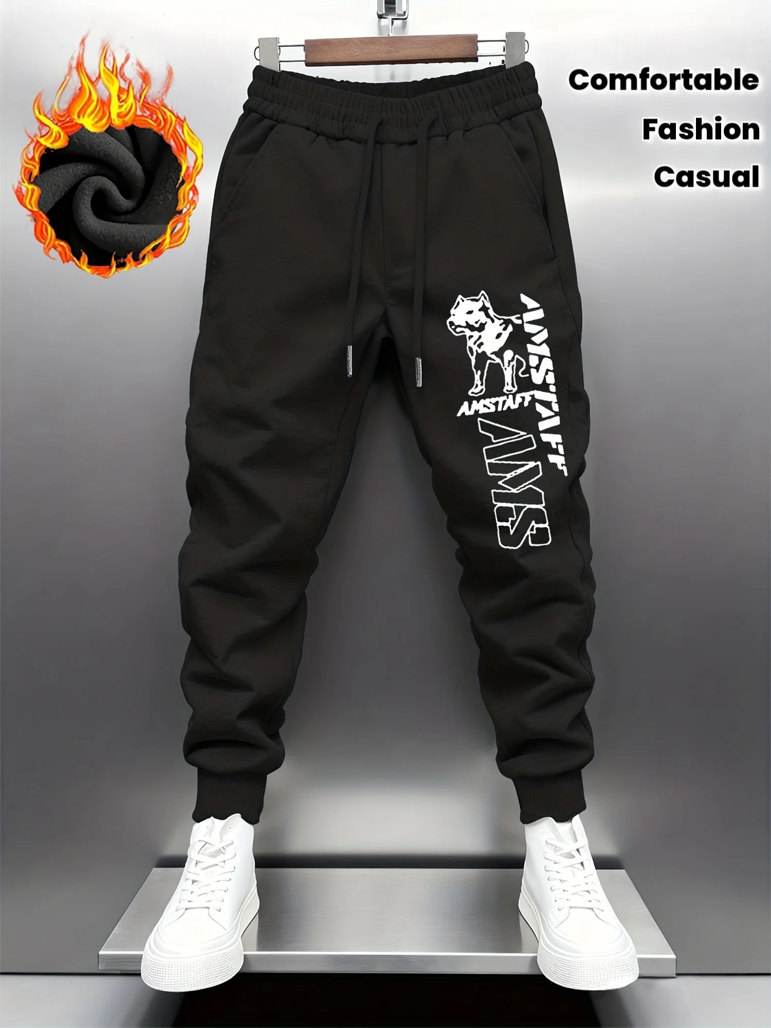Cool amstaff pitbull dog silhouette street typography fleece sweatpants for men hip hop sports street jogger trousers