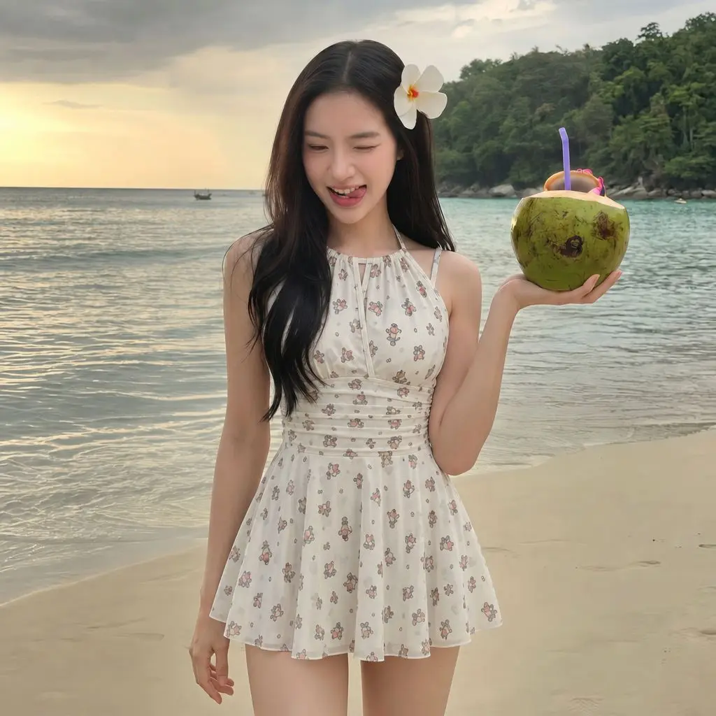 Sexy Korean fashion white floral print swimsuits spaghetti mini dress culottes bodysuits swimwear bathing suits tankini biquini