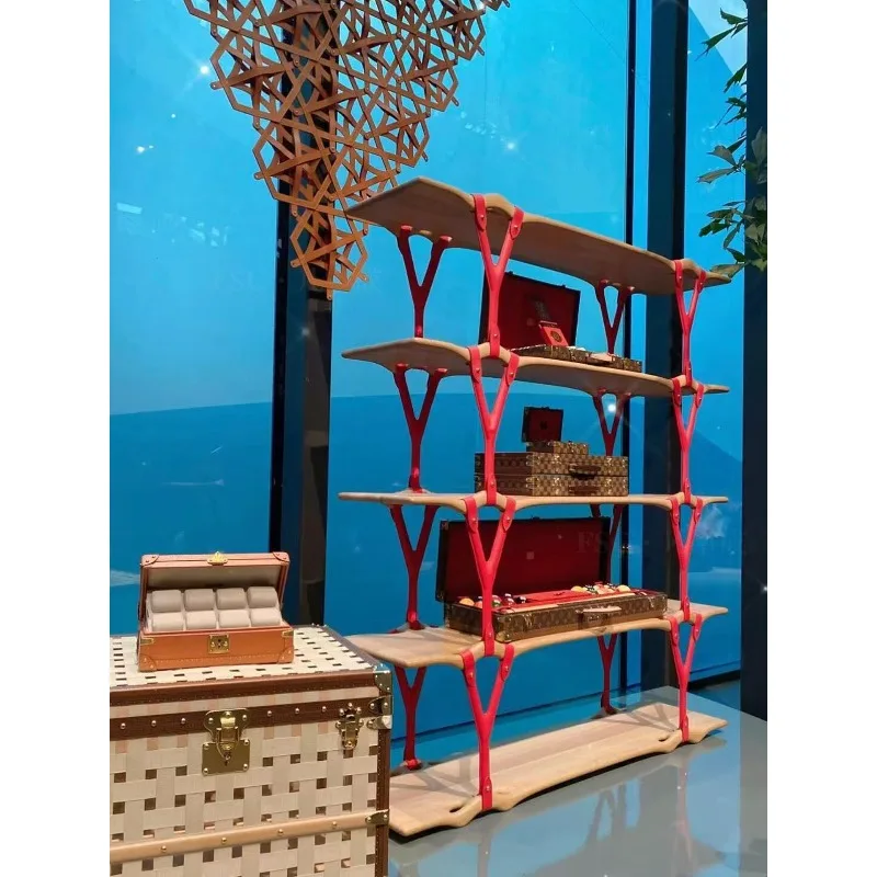 Multi-layer ash wood home shelves, wave bookshelves, saddle leather