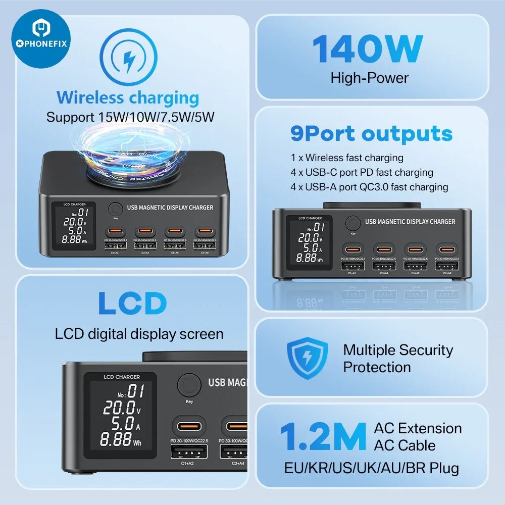 Multifunctional 140W 9-in-1 Fast Charging Station 8-Port USB PD QC3.0 with Magnetic Wireless Desktop Charger for Iphone Huawei