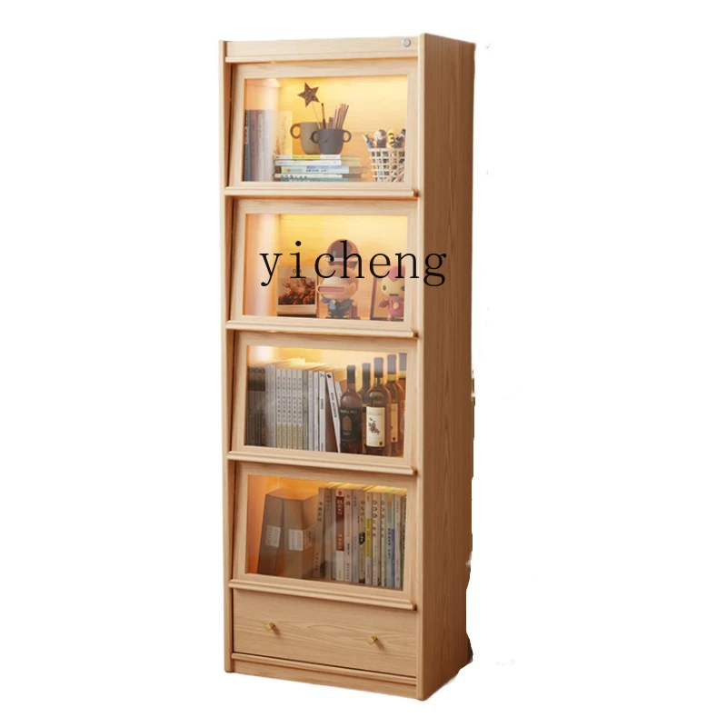 Tqh Solid Wood Bookcase Integrated Entire Wall Dust Belt Glass Door Household Magazine Cabinet Storage Display Cabinet