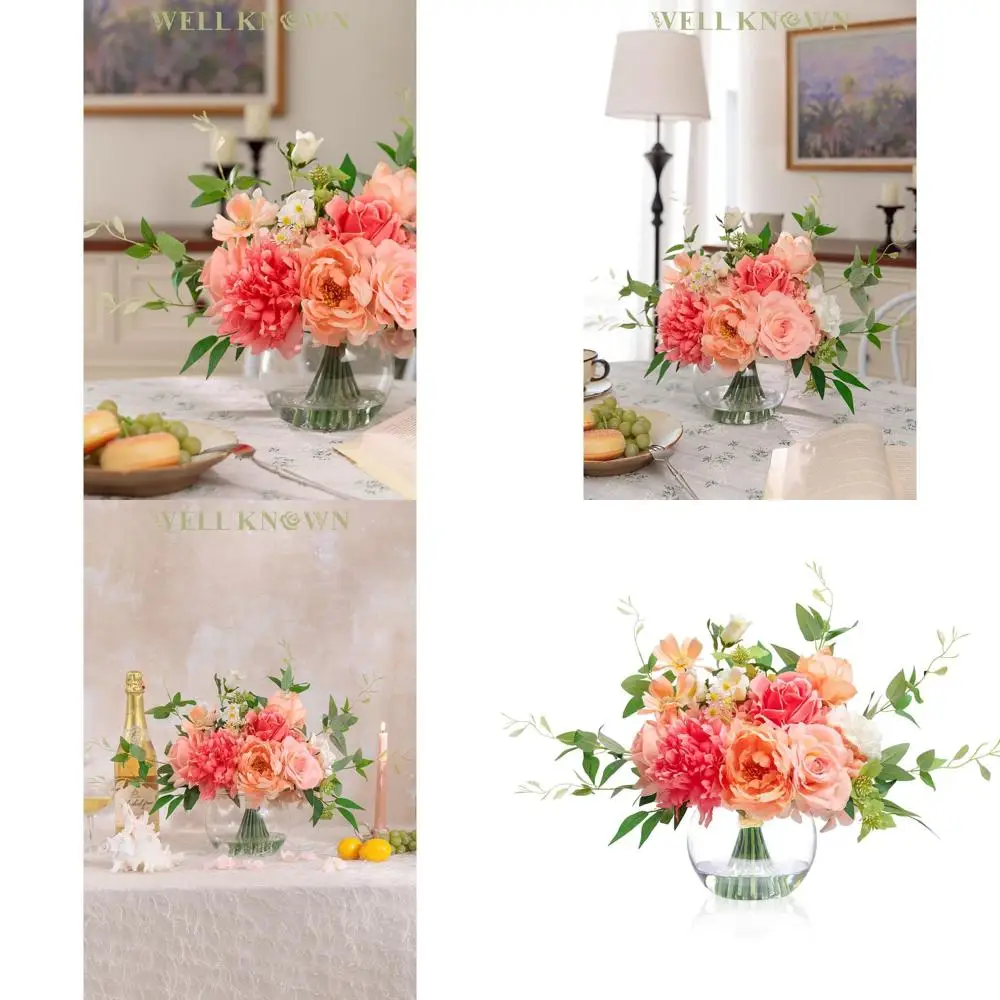 

Букет из коралловых и персиковых шелковых пионов и роз с вазой для весеннего декора дома, свадеб, дней рождения и украшения обеденных столов