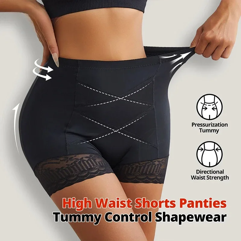 Lace Safety Shorts Women High Waist Anti Friction Pants Cross Tummy Shaper Panties Smooth Hip Lift Lingerie Under Dress image 2