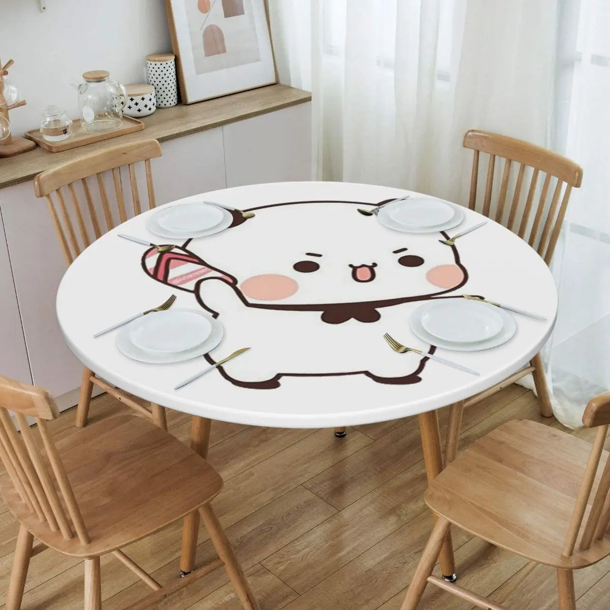 Cute Bubu Is Throwing Flip-flops At Dudu Waterproof Round Tablecloth Oilproof Table Cloth for Kitchen Events Dining Table Cover