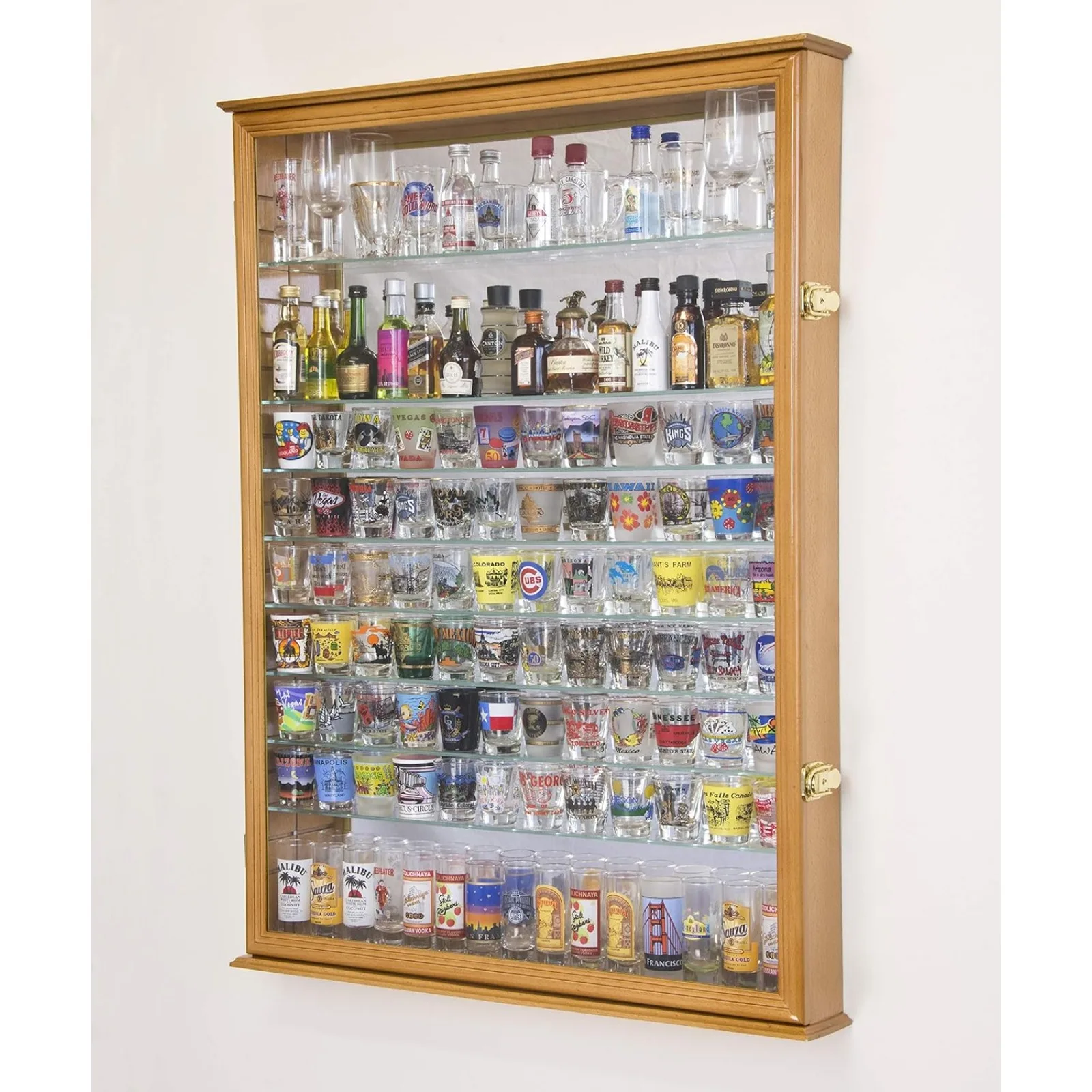 US XL Shot Glass Display Case Rack Holder Cabinet w/Mirror Backed and 11 Glass Shelves -Walnut