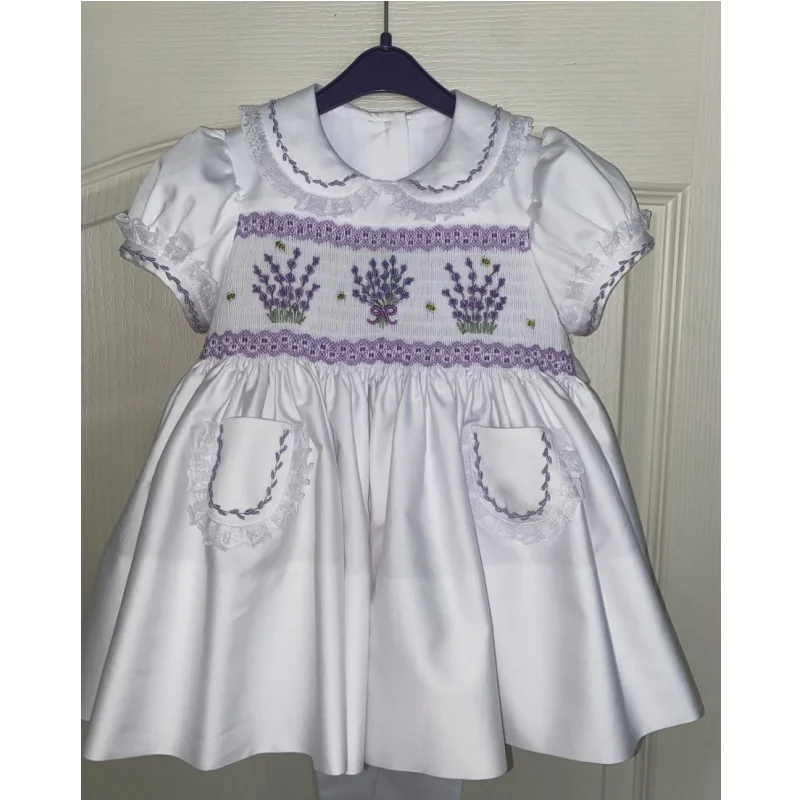 Summer White Satin Hand Smocked Baby Girl Dress Lavender Bee Embroidery Toddler Baptism Christening Wedding Birthday Party A354