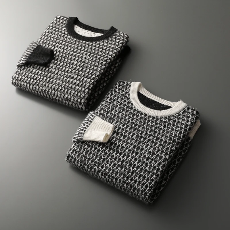 

Autumn Winter New Jacquard Thickened 100% Pure Cashmere Sweater Men's Round Neck Base Shirt Loose Knitted Wool Sweater