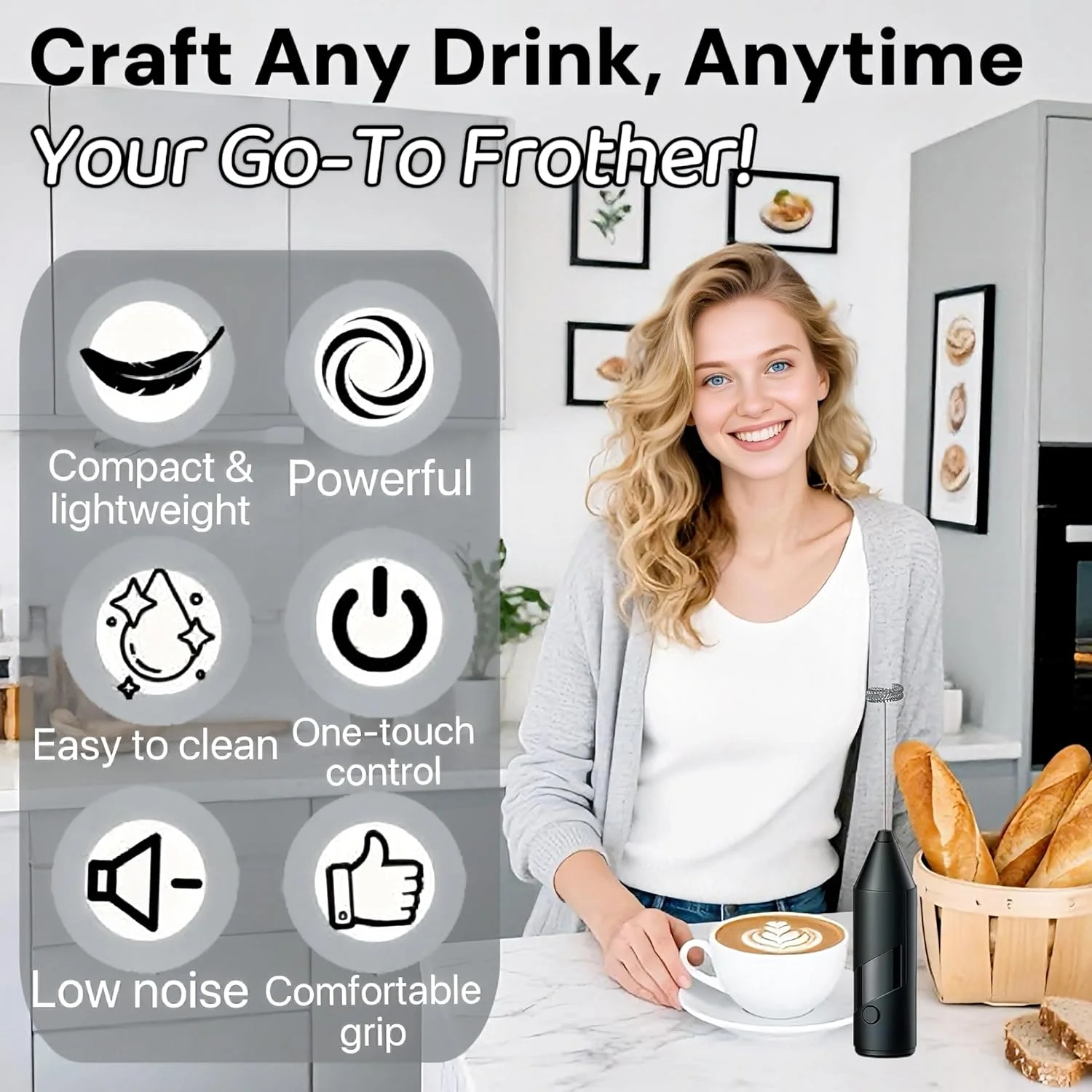 핸드헬드 전기 우유 거품기 라떼 커피 카푸치노에 적합 또한 계란 거품기 및 음료 믹서로도 사용 가능