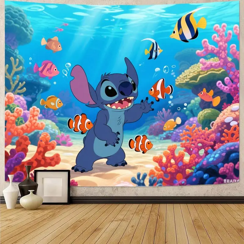 

1PC Colorful Stitch Underwater Scene Tapestry Cartoon Wall Art Polyester Home Decor for Kids Room Ocean Lovers Gift