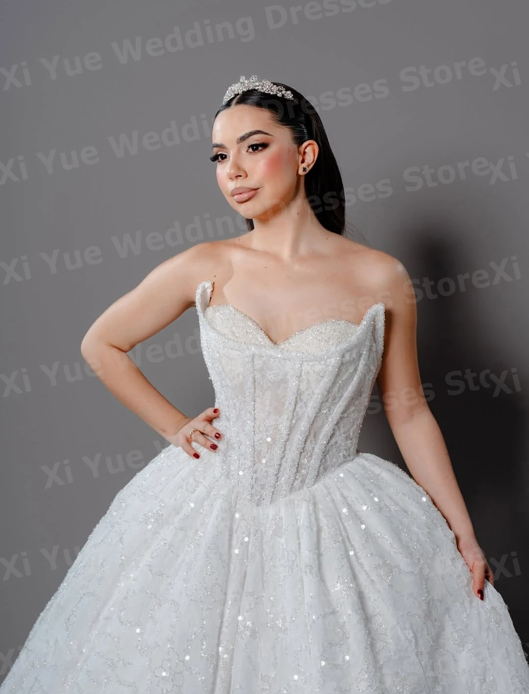 Sparkling A Line Women's Shiny Lace Sweetheart Sleeveless Wedding Dresses Vestido De Novia Bride Gowns Customized Robe De Mariée