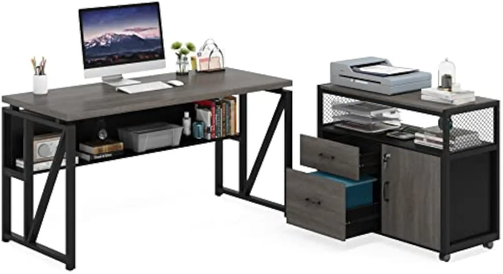 

Tribesigns Office Desk with Drawers,55 inches L Shaped Computer Desk with Storage Shelves and Mobile File Cabinet, Executive