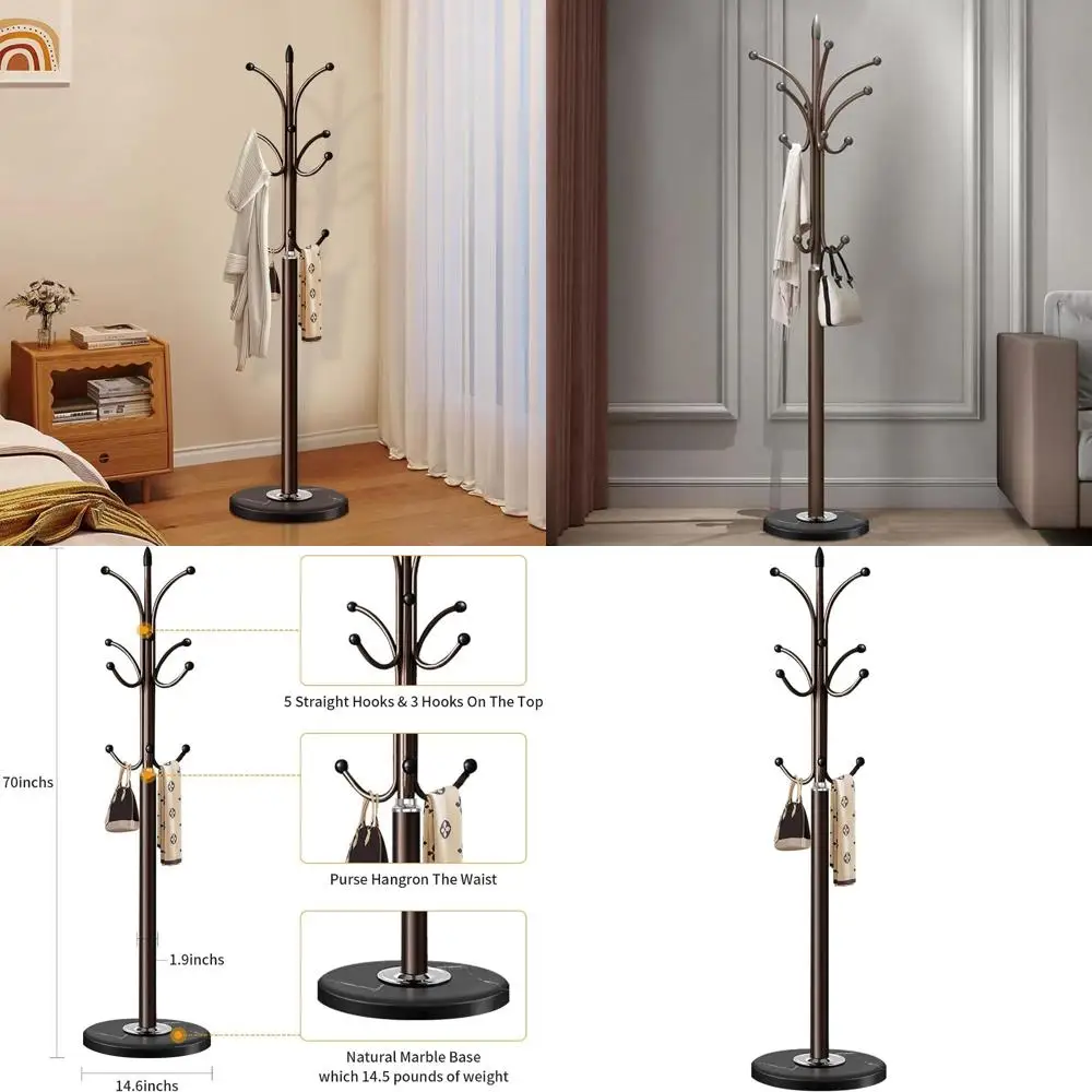 

Стильная напольная вешалка с мраморным основанием, 12 крючков для шляп, сумок и пальто, идеально подходит для прихожей или коридора, коричневого цвета.