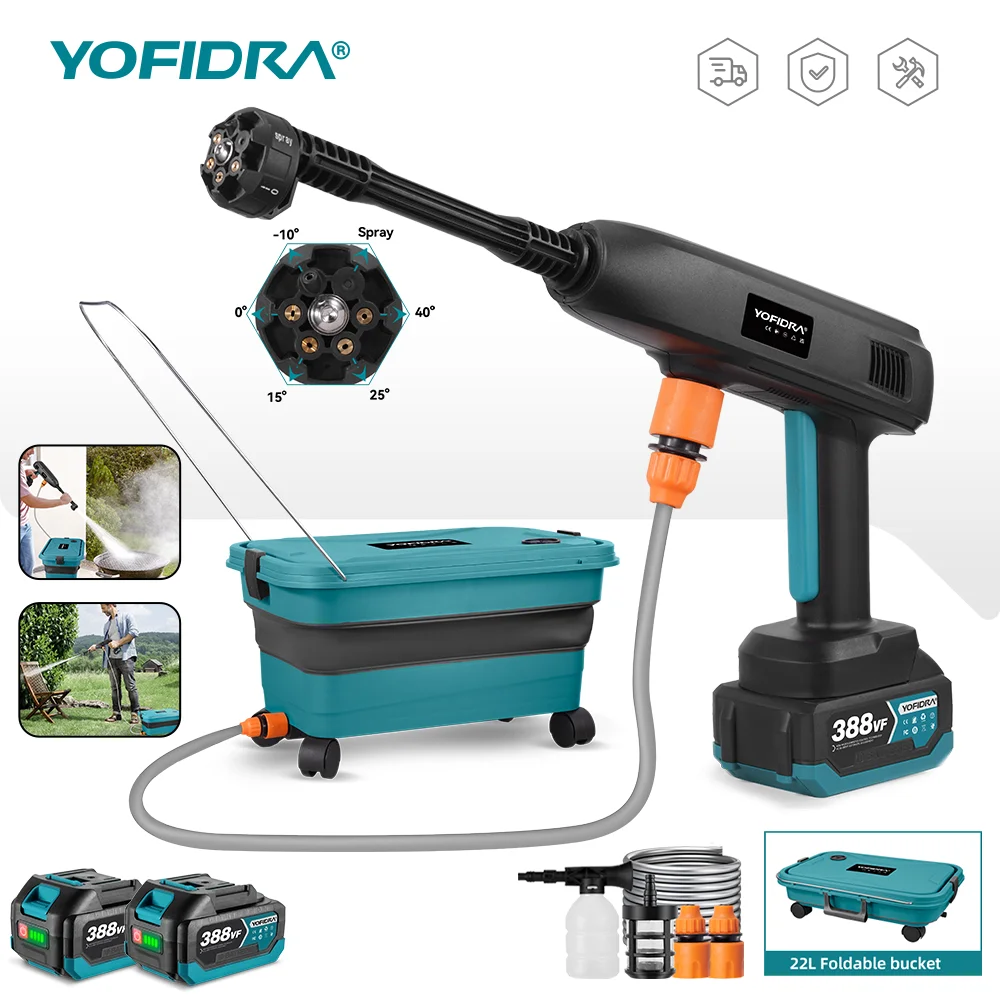 YOFIDRA 6IN1 pistolet de pulvérisation d'eau électrique haute pression outil de lavage de jardin de voiture avec seau d'eau pliable de 22L pour broche de batterie Makita