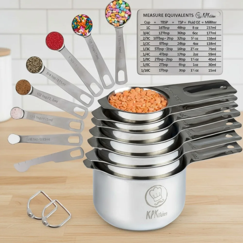 

Набор мерных чашек и ложек из нержавеющей стали из 16 предметов с таблицей преобразования — необходимые кухонные инструменты для выпечки для домашнего приготовления
