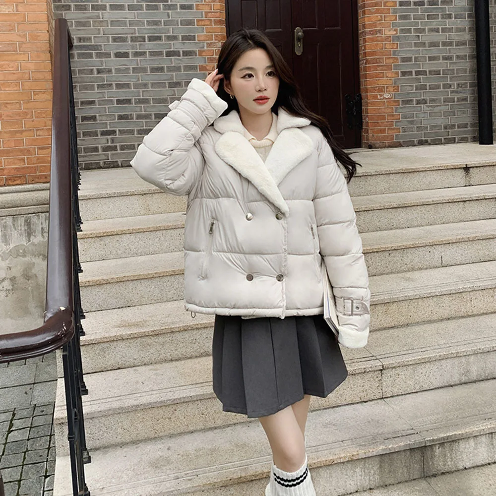 2024 Winter Lamb Wool Collar Parkas Women Thicken Cotton Jackets New Korean Short Bread Clothing Female Student Cotton Outerwear