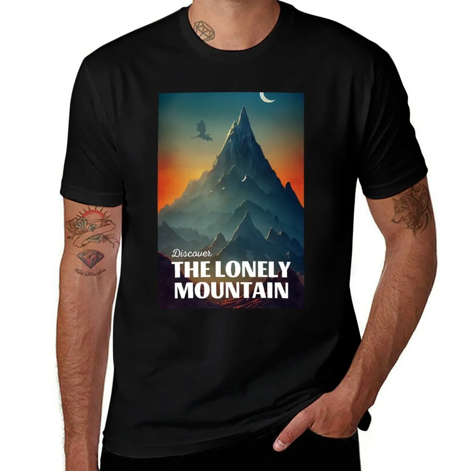 Discover The Lonely Mountain - Travel Poster - Fantasy Funny T-Shirt Anti-Wrinkle Short Sleeve T-Shirt