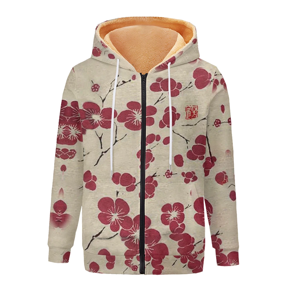 Women's Thick Hooded Jacket Sweatshirt, Vintage Flowers Printed Simple Pocket Zipper for Winter and Autumn, Outdoor Warmth