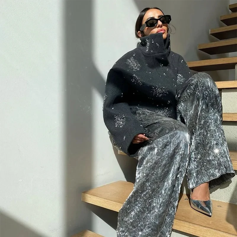 

Повседневное свободное женское пальто с вышивкой и бисером, воротник с лацканами, рукав «летучая мышь», однотонная шерстяная куртка, новинка 2025, женская роскошная весенняя верхняя одежда