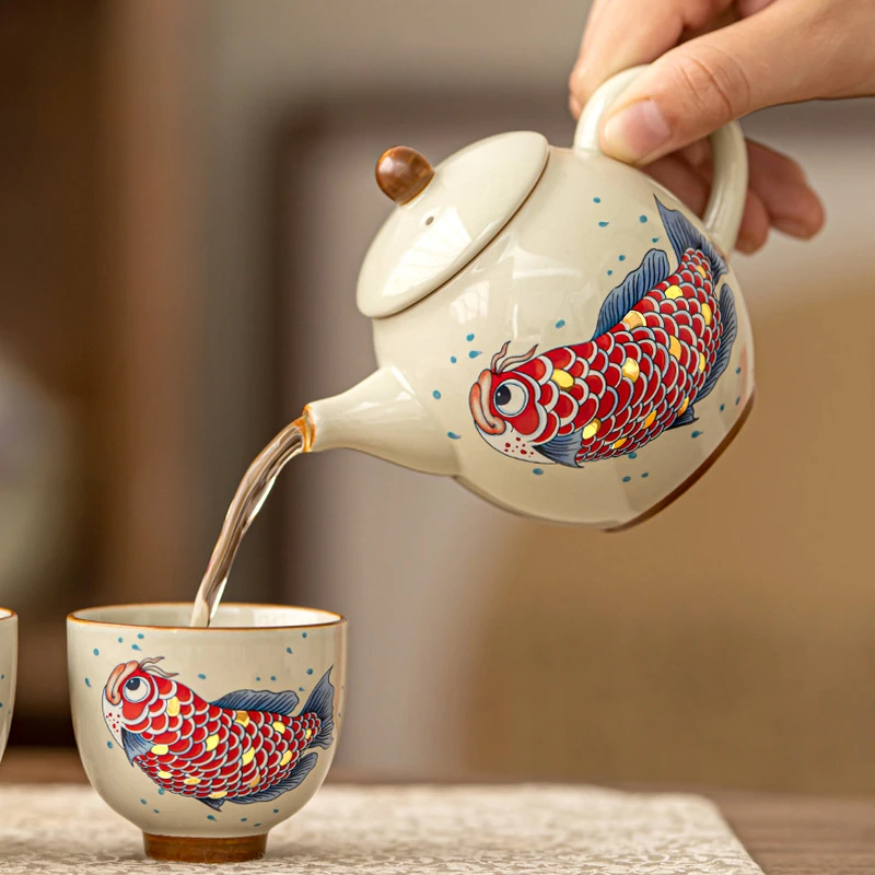 

TQH Chinese arowana teapot ceramic household teacup single pot tea machine Chinese retro kung fu tea set