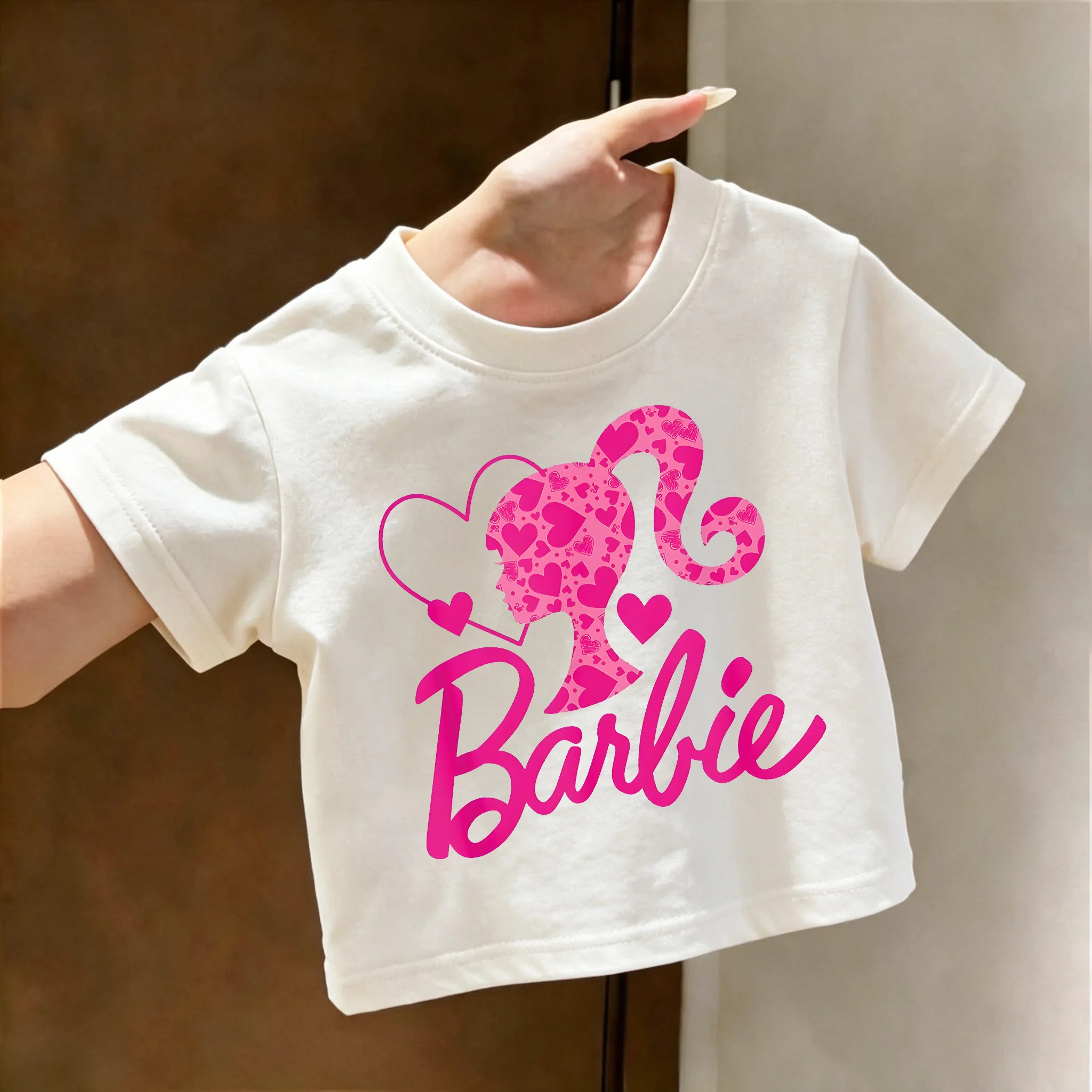 Kids Summer Barbie Cotton Short Sleeve T-shirt Heart Doll Character Graphic Tee, Casual Tops, Toddler Baby Girl Outfit