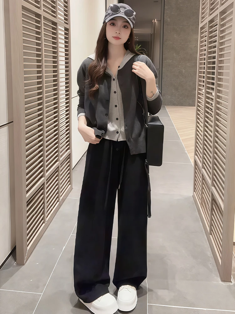 Early Autumn Hat Wide Leg Pants Two-Piece Set Women's Loose Fit Slimming Effect Casual Sle Cotton Blend Breathable