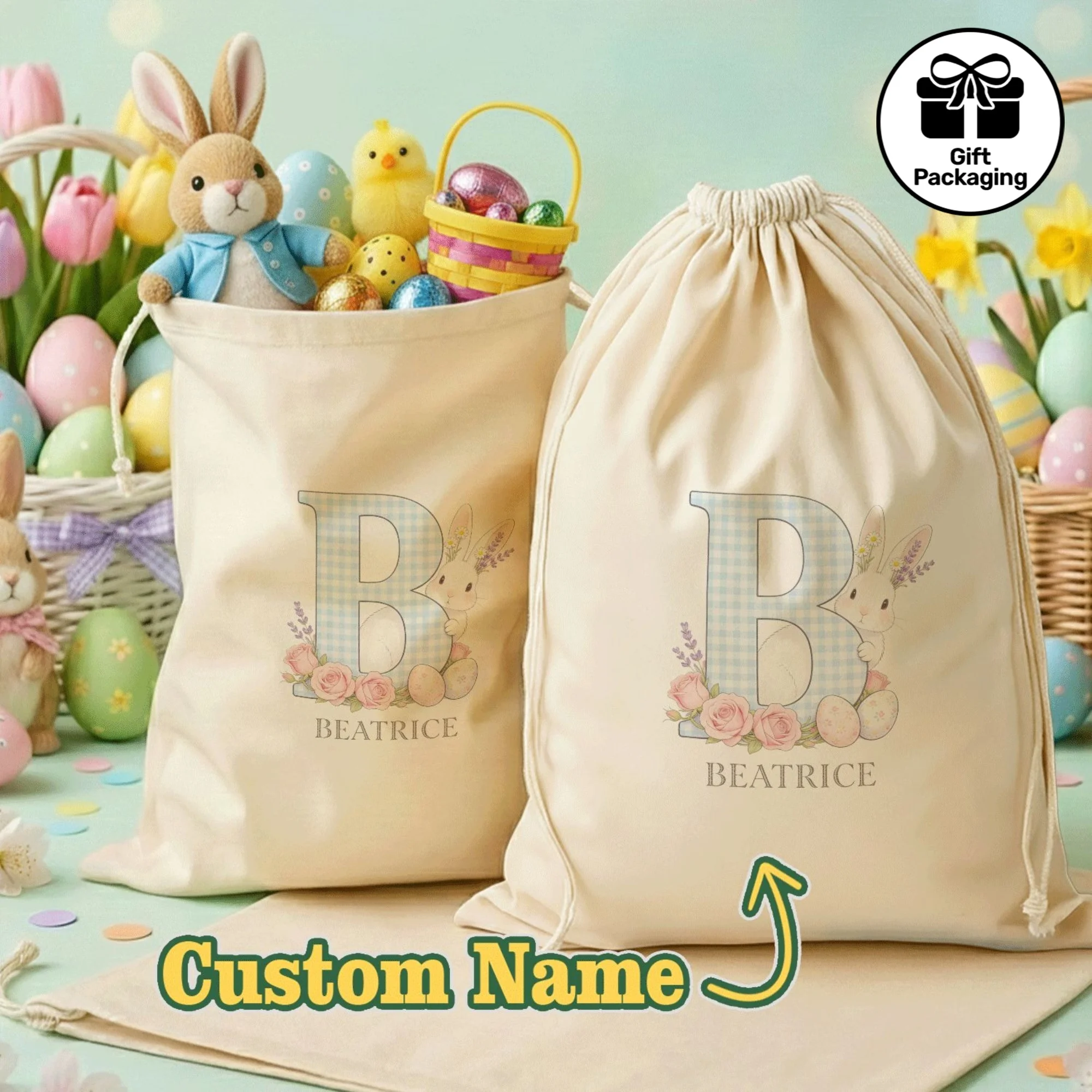 

Personalized Name Text Easter Bunny Egg Gift Bag with Lavender Gingham Letter Name Drawstring Sack Suitable for Weddings Women