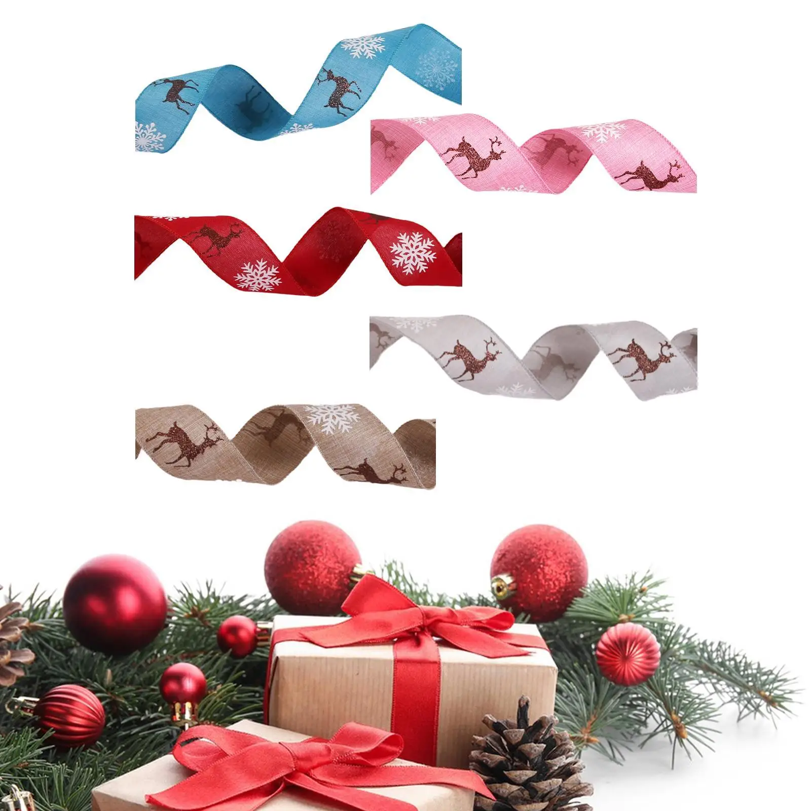 Holiday Ribbon 2 Inch 10 Meters Long Glitter Reindeer for Festive Decoration