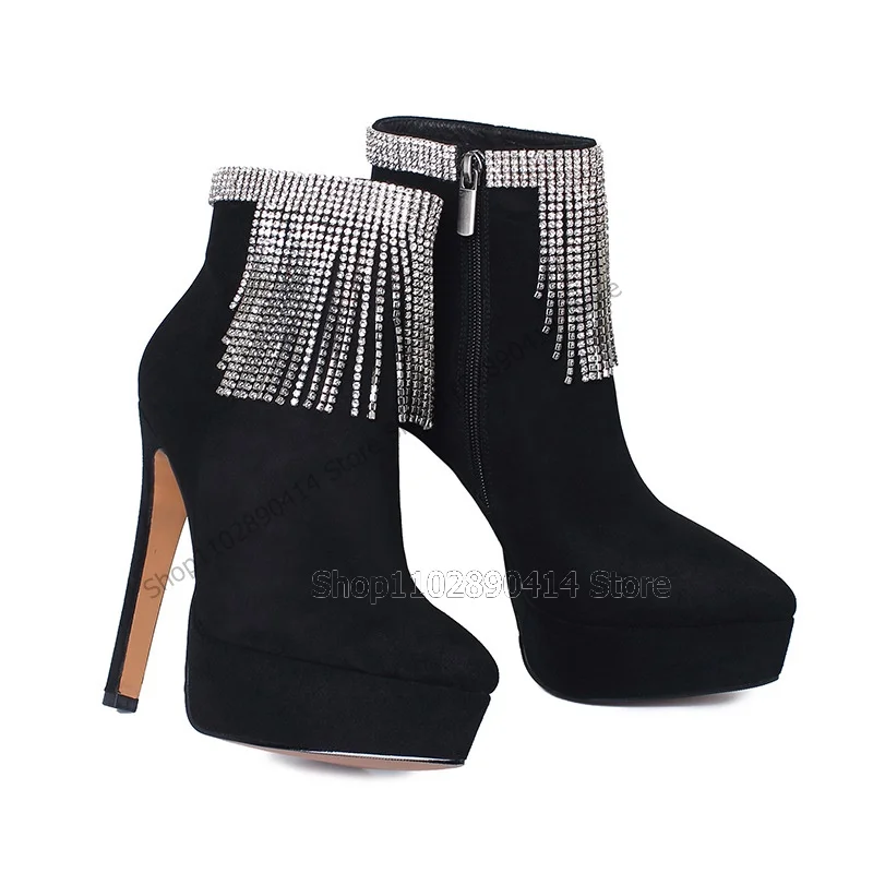 Botas femininas de plataforma, sapatos de zíper lateral, salto alto fino, decoração de borla de cristal, preto, dedo apontado, novo, 2023