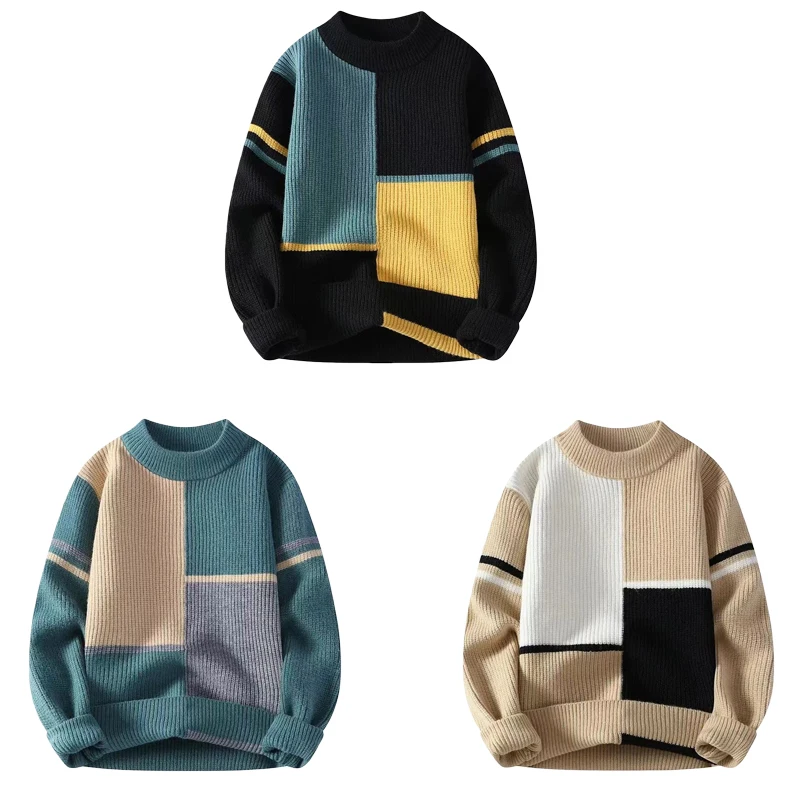 

Men's Autumn Winter Color Block Knitwear Long Sleeve Crew Neck Sweater Base Layer Fashionable Loose Fit Polyester Blend
