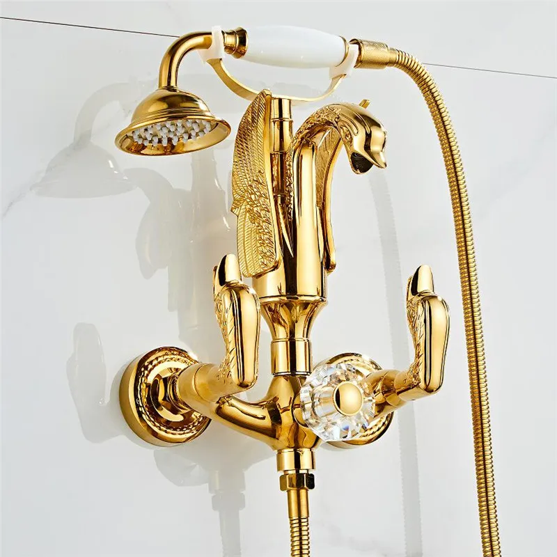 Tuqiu Gold Bathtub and Shower Faucet Set Wall Mounted Gold Swan Bathtub Faucet, Bathroom Cold and Hot Bath and Shower Mixer Tap