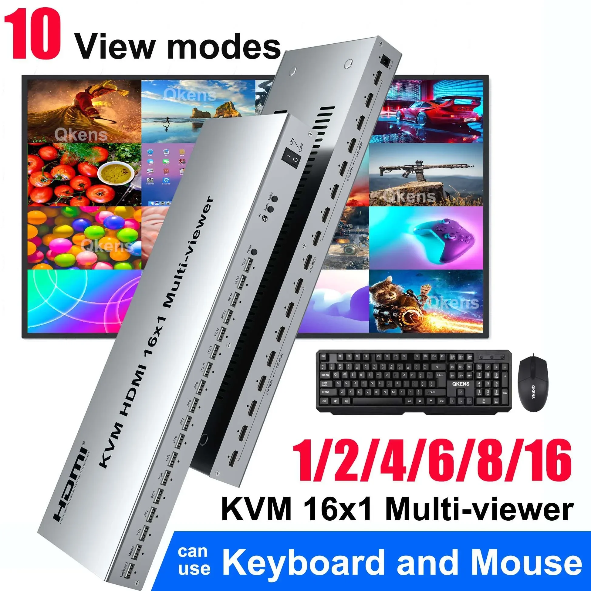 1080p 60Hz HDMI USB KVM Quad Screen Multi Viewer 16 in 1 Out 16 Way HDMI Seamless Switch Multiviewer Divider for Mouse Keyboard