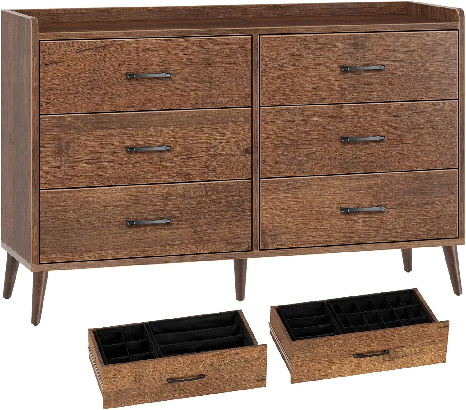 Drawer Dresser Quick Install, 6 Wooden Drawers Storage Dresser with Set of 4 Foldable Drawer Dividers, Mid Century Rus