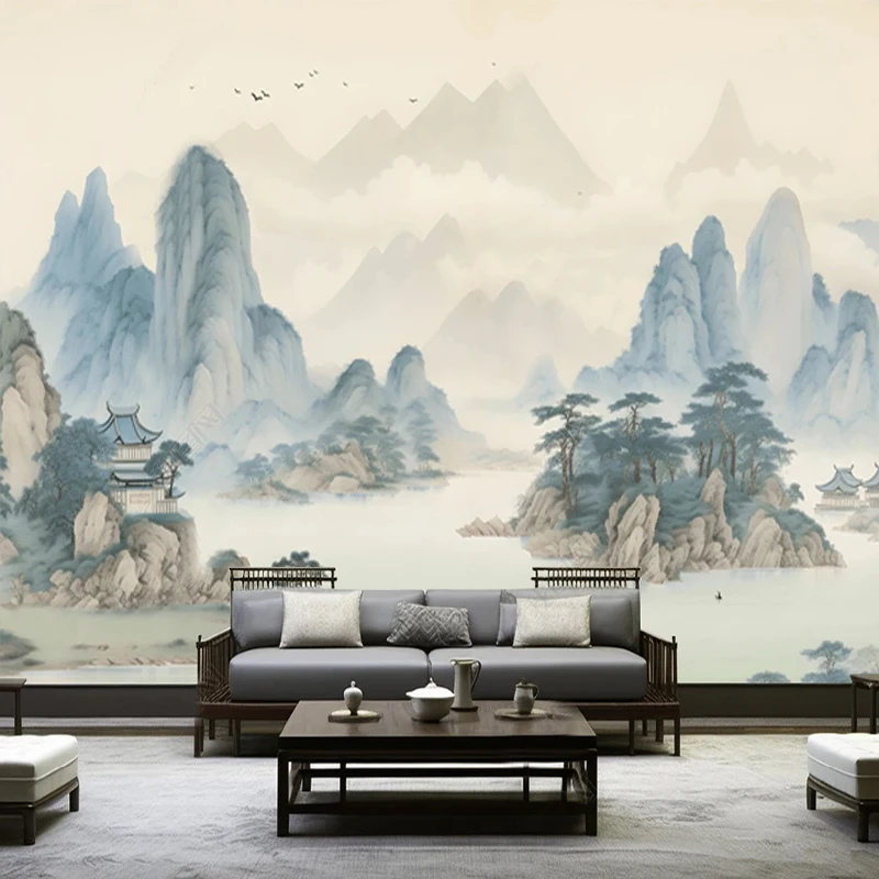 Custom Murals Chinese Fine Brush Painting Landscape Distant Birds Photo Wallpaper Living Room Dining Room Backdrop Wall Decor