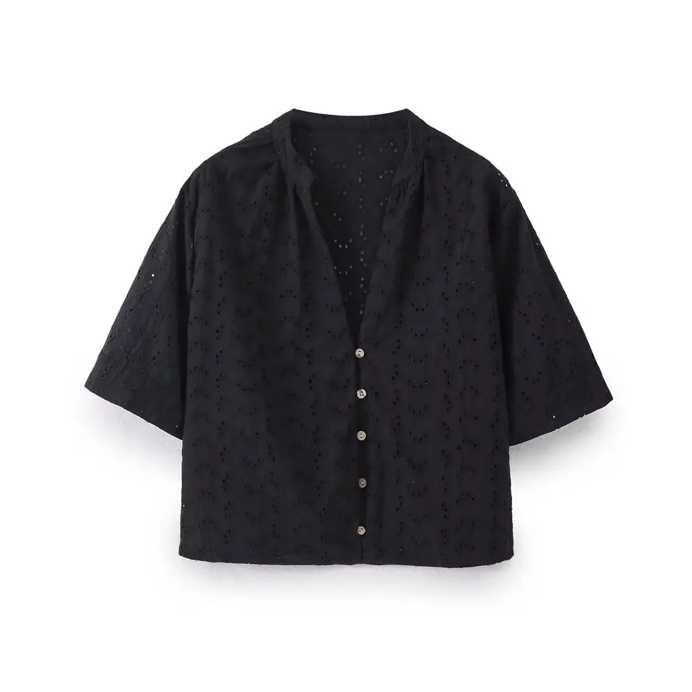 Tangada Women Black Embroidery Cotton Shirt Short Sleeve 2024 Female Blouse Tops 6H0269