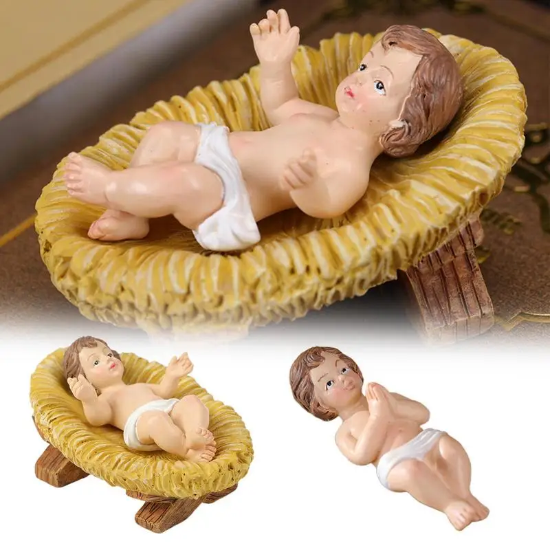 Bebê jesus em manjedoura estatueta resina natividade escultura bebê jesus cristo em manjedoura estatuetas presépio para o natal interior