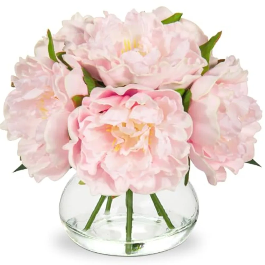 

Pink Peonies Artificial Flowers with Vase Faux Flowers Peony Fake Flowers Silk Flower Arrangements in Glass Vase with Faux Wate