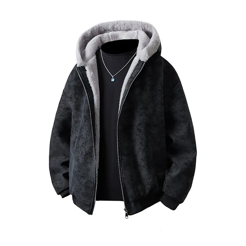

Men's Cotton Fashion Casual Thick Jacket and Autumn Winter Thiened Faux Rabbit Fur Lined Hooded Coats Youth Faion Warm Outerwea