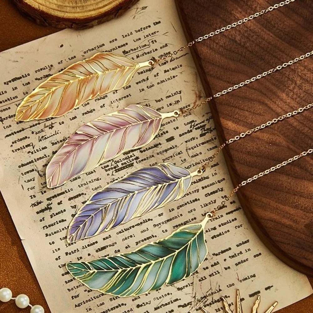 Metal Leaf Feather Metal Bookmark Gradient Color Mini Pendant Feather Page Marker Retro Enamel Pattern Feather Vintage Bookmark