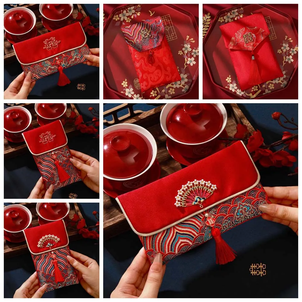 New Year Blessing Words Brocade Red Envelope Brocade Cloth Tassel Embroidery 2025 Money Pocket Best Wishes Spring Festival
