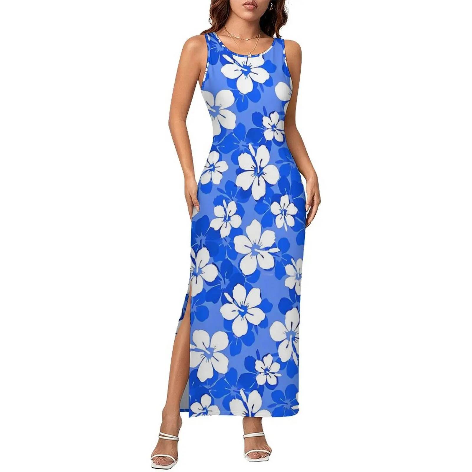 Ladies Bodycon Dress Club Sexy Tropical Flower Maxi Dresses Summer Blue and White Hibiscus Sleeveless Street Style Design Dress