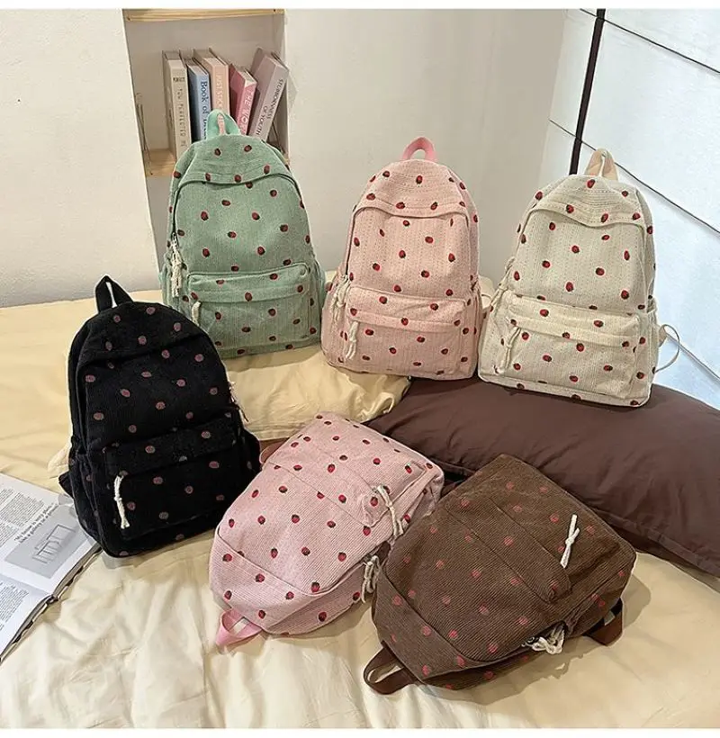 Large Capacity Corduroy Strawberry Student School Bag Multi-pockets Travel Backpack Adjustable Strap	Versatile Simple Cute