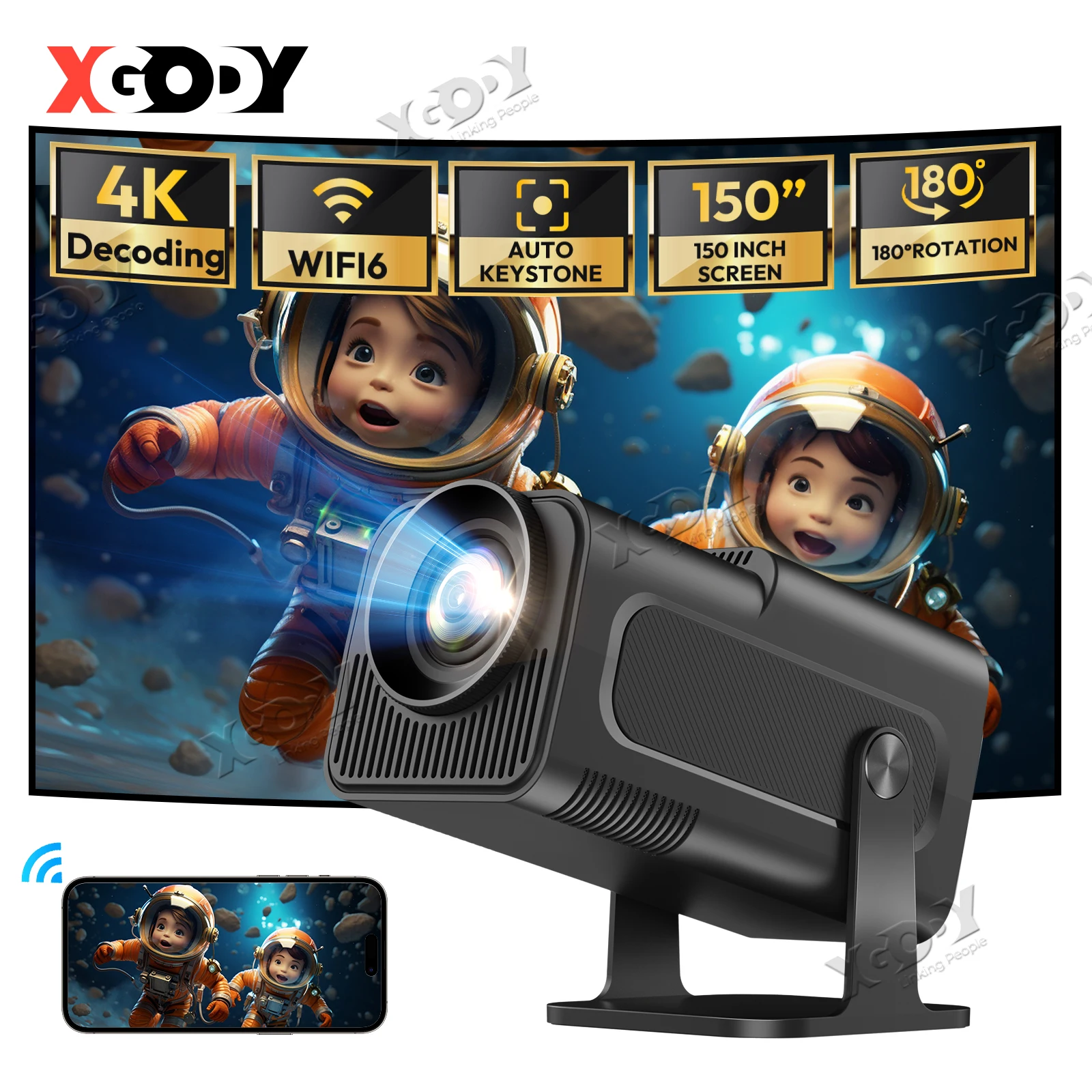 XGODY Portable Projector Mini Smart Android Full HD Native 1080P 4K 5G WiFi 6 Home Movie Projector 180 Rotating For PC/Lap/PS5